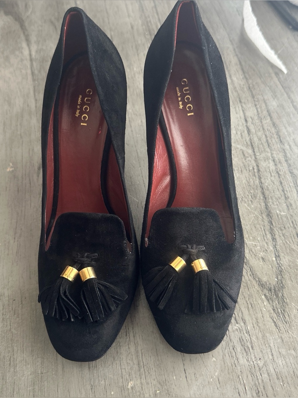 Gucci Black Suede Tassel Pumps with Gold Accents